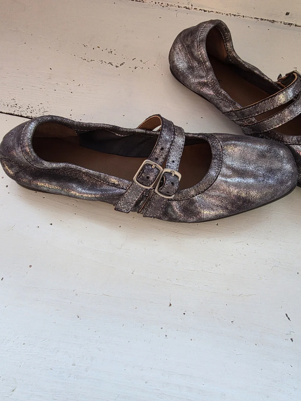 Silver Metallic Mary Jane Ballet Slippers, Flat with Double Buckle